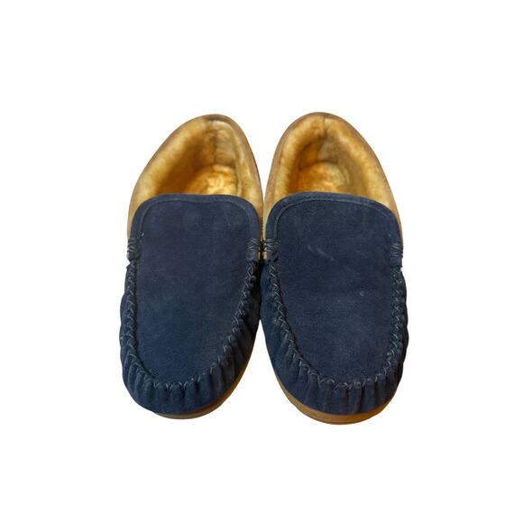 L.L.Bean Wicked Good Venetian Slippers Mens Sz 11 Navy/Saddle Suede Fur Moccasin main image 2